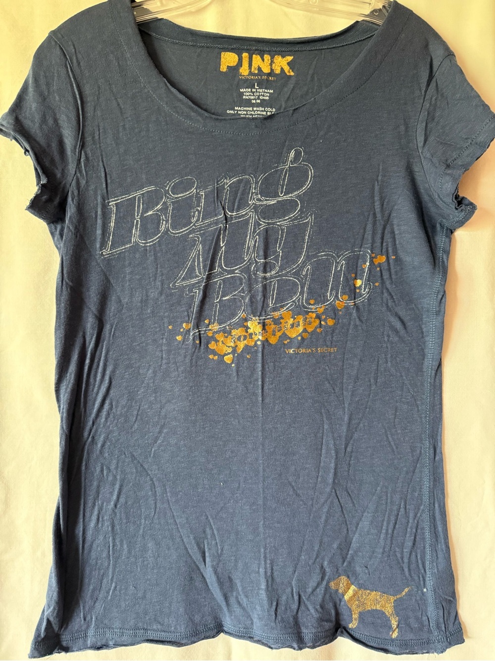 NWOT Victoria's Secret PINK Blue Bling Graphic Tee Size Large Gold Foil